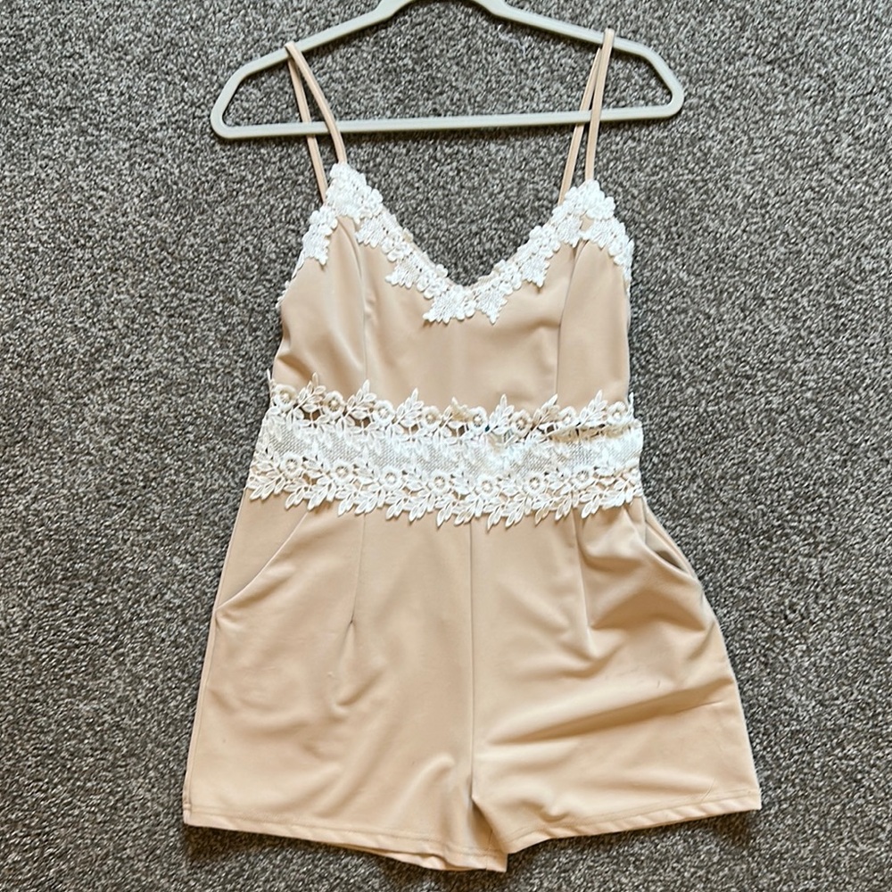 Elegant Lace Trimmed Beige Romper